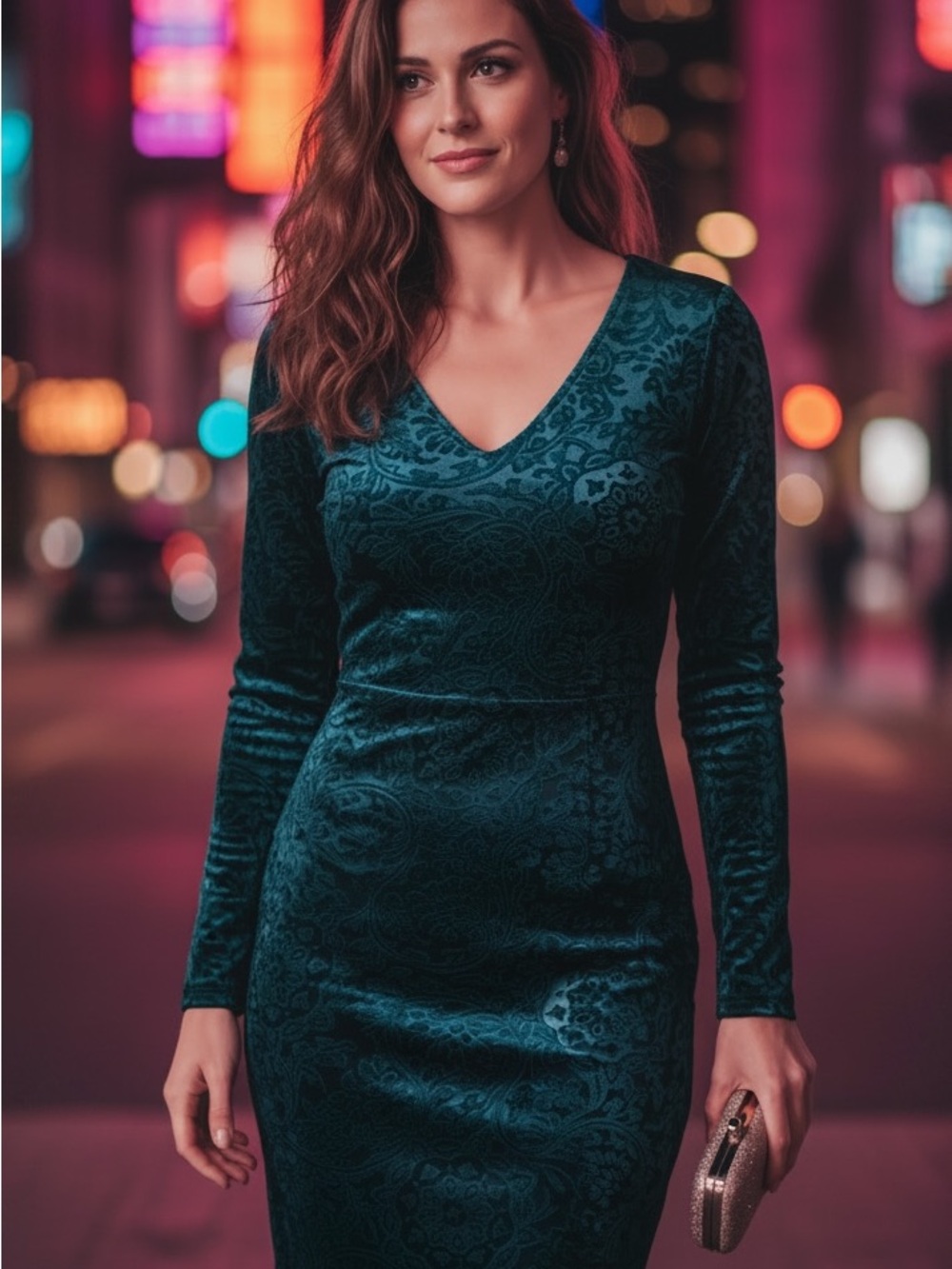 Windsor Teal Velvet Long-Sleeve Jacquard Sheath Dress